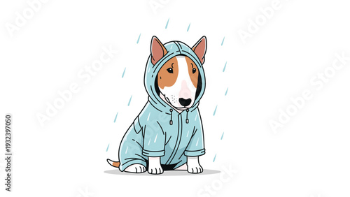 Adorable bull terrier dog wearing a light blue hooded raincoat stands patiently while water drops fall during a storm.
