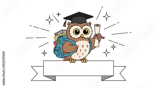 Wise owl graduate wearing a black mortarboard and carrying a school backpack holds a diploma above a blank banner space.