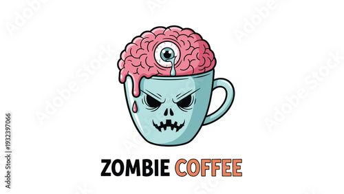 Spooky zombie coffee cup with a exposed brain and a single blue eye inside serves as a creepy morning caffeine concept.
