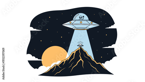 Mysterious alien spacecraft hovering over a sharp mountain peak at night under a bright moon with stars in the dark sky.