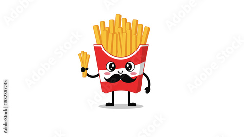 Funny cartoon character of a french fries box wearing a mustache and waving with a friendly smile on a white background.