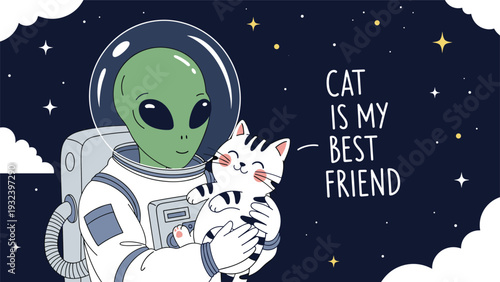 Friendly alien astronaut in a space suit gently holding a happy striped cat in outer space among distant stars and clouds.