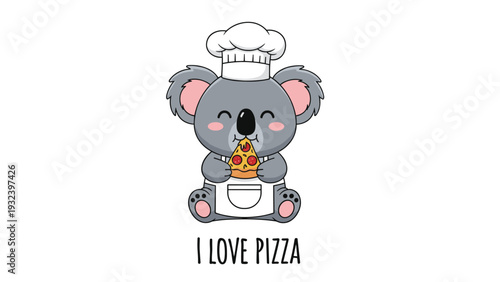Cute koala bear wearing a white chef hat and apron happily eating a slice of cheese pizza on a clean white background.