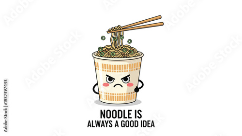Grumpy cartoon character of a cup of instant noodles with chopsticks and an angry face for a humorous food concept.
