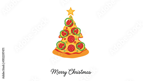 Creative christmas tree made of pizza slices decorated with pepperoni and peppers with a golden star on top of the tree.