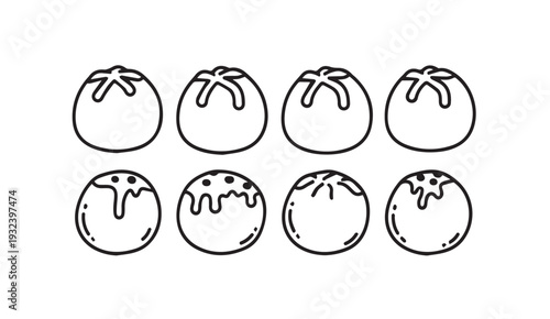Japanese Takoyaki Balls Doodle Vector Fried Octopus Dumplings Simple Line Art