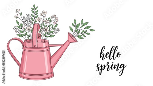 Pink watering can filled with delicate spring flowers and green leaves is accompanied by the elegant handwritten text hello spring.