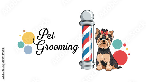 Small yorkshire terrier dog is sitting patiently next to a barber pole at a professional pet grooming salon in this colorful illustration.