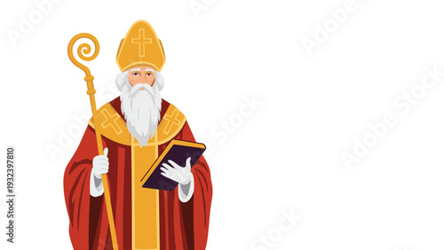 Traditional illustration of saint nicholas dressed in red and gold robes holding a golden staff and a holy book on a white background.