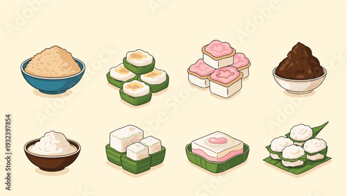 Collection of colorful and artistic traditional thai desserts made from rice and coconut are displayed in small bowls and leaf wraps.