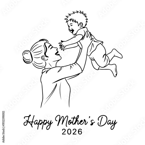 Happy Mother's Day 2026 greeting card with minimalist line art illustration of a mother lifting her child, vector sketch on white background

