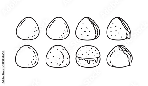 Doodle Food Icons: Onigiri Rice Balls and Mochi Sweets Simple Line Art Vector Collection