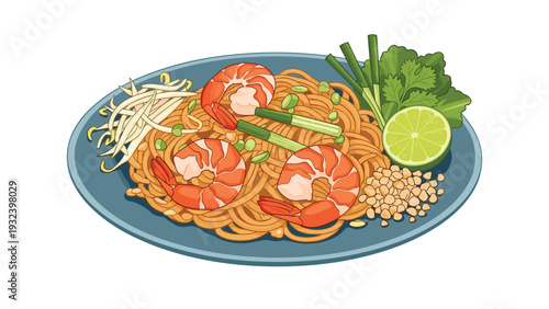 Authentic plate of pad thai noodles topped with large shrimp, bean sprouts, peanuts, lime, and fresh herbs in a detailed food illustration.