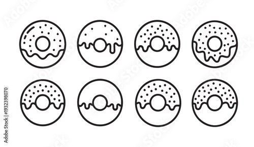 Donuts Collection Vector Simple Line Art Icons Set Various Frosting and Sprinkles