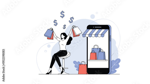 Stylish woman sitting on a stool is happily holding shopping bags next to a giant smartphone representing online retail commerce.