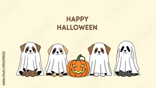 Four cute puppies dressed in white ghost costumes sitting in a row next to a carved jack-o-lantern for Halloween celebrations and festivities.