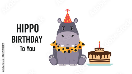 Cute hippopotamus wearing a red party hat and a ruffled collar sitting next to a two-tier chocolate birthday cake with a single glowing candle.