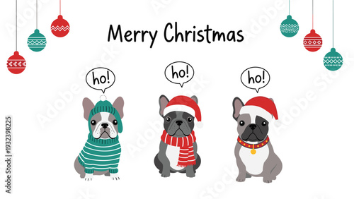 Three french bulldogs wearing festive christmas hats and sweaters sitting under hanging ornaments wishing a merry christmas to all their friends.