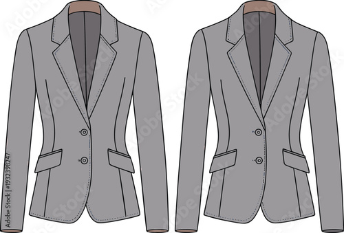 Fashion technical sketch of women's grey blazers with notched lapels, two-button closure, flap pockets, and tailored seams for apparel design.
