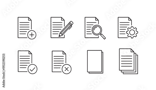 Document Icons Set: Add Edit Search Settings Check Cancel Stacked Pages