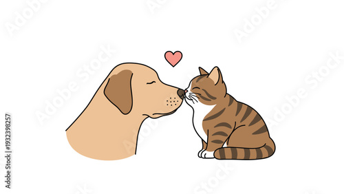 Profile of a golden retriever dog and a tabby cat gently touching noses with a small pink heart floating between them in a sign of friendship.