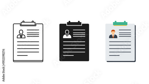 Three resumes on clipboard icons in different colors and styles Vector