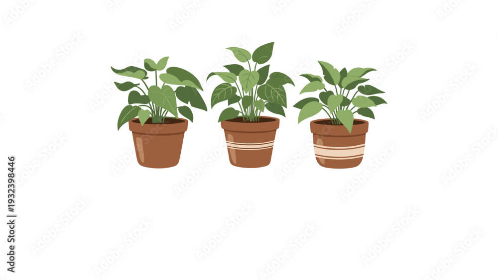 Fototapeta premium Set of three different green indoor house plants growing in brown clay pots with decorative patterns for home gardening and interior decoration.