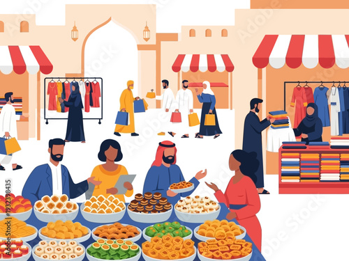 Pastry and dessert sellers at a busy Ramadan bazaar with various sweets