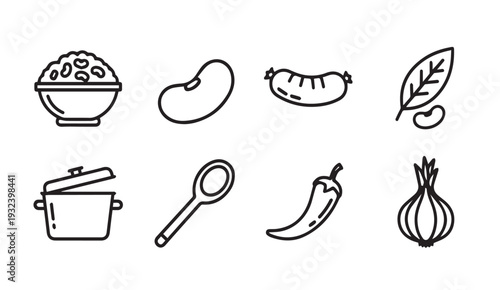 Cooking Ingredients Icons: Beans Sausage Chili Onion Pot Spoon Rice