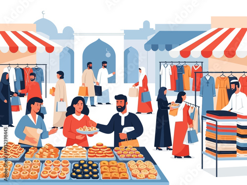 Visitors choosing various traditional cakes at the Ramadan night market