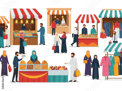 Collection of food and clothing stalls at the Ramadan market festival