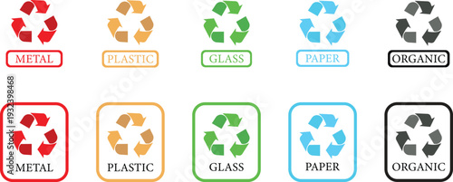 Recycle icon set collection group, eco recycling symbol arrow loop, environmental conservation sign, sustainability logo, green waste management emblem, circular reuse reduce concept vector.