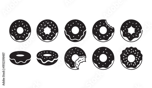 Collection of vector donuts with sprinkles and bites isolated on white food illustration