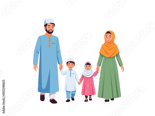 Muslim Family Walking Together in Modern Gamis and Koko Outfits