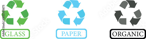 Recycle icon set collection group, eco recycling symbol arrow loop, environmental conservation sign, sustainability logo, green waste management emblem, circular reuse reduce concept vector.