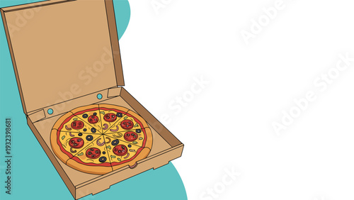 Freshly baked pepperoni pizza with olives and green peppers inside an open brown cardboard delivery box on a bright turquoise and white background.