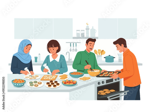 Muslim Family Preparing Cookies in Kitchen for Eid Celebration