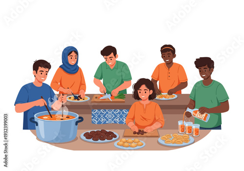 Group of Friends Preparing Drinks and Snacks for Breaking Fast