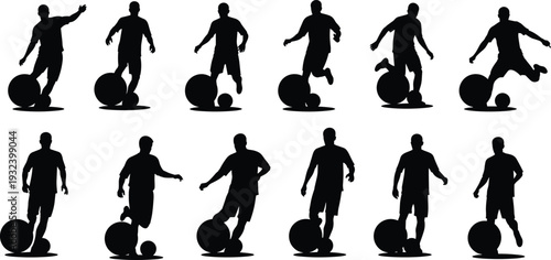 lack silhouettes of athletes interacting with soccer ball in various poses including dribbling, kicking, and standing, perfect for sports, training, and design projects