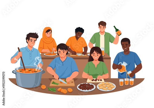 Diverse Muslim Community Preparing Iftar Meal Together in Kitchen
