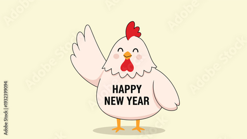 Happy New Year chicken illustration shows a friendly white hen with a red comb waving its wing while standing on a light yellow background.