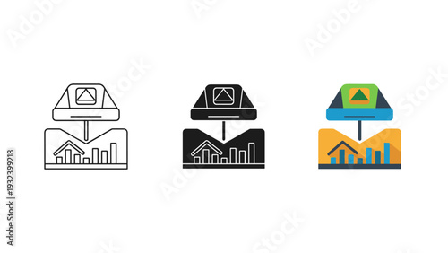Three icons representing different views of a roof with a cityscape underneath Vector