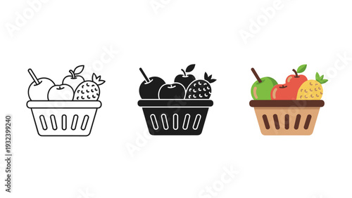 A colorful illustration of three shopping baskets filled with fruits Vector