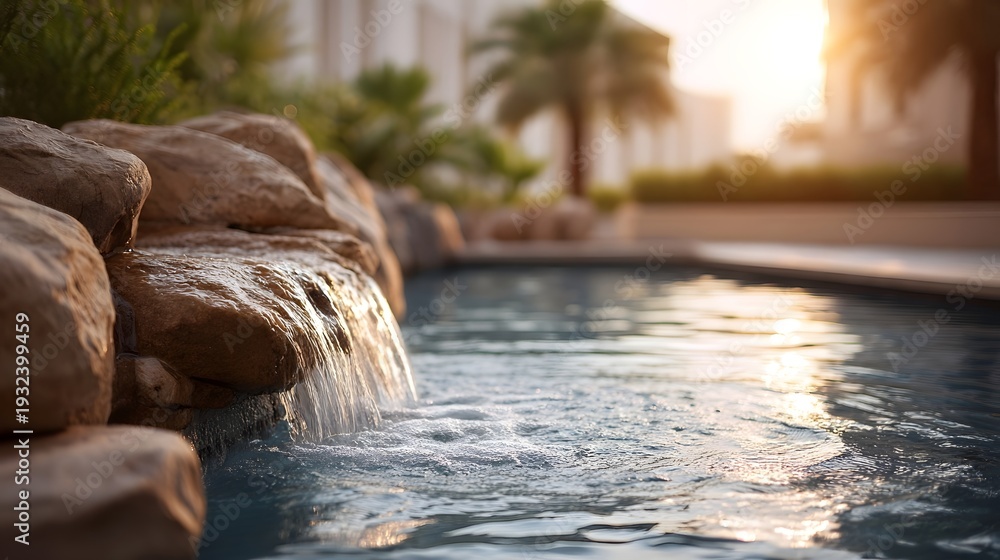 Fototapeta premium Serene waterfall cascading into a tranquil pool at sunset with warm golden light reflecting on the water and palm trees in the background