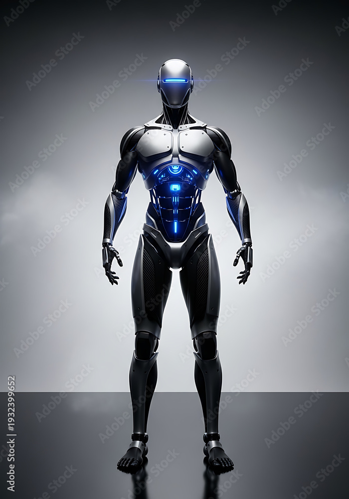 Fototapeta premium Futuristic humanoid robot with blue glowing lights standing in a dark environment.