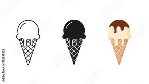 Three ice cream cones with different flavors and toppings Vector