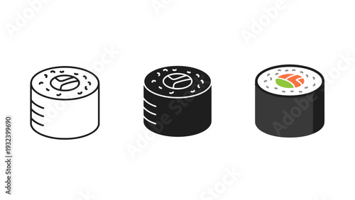 Three sushi rolls in different stages of preparation Vector