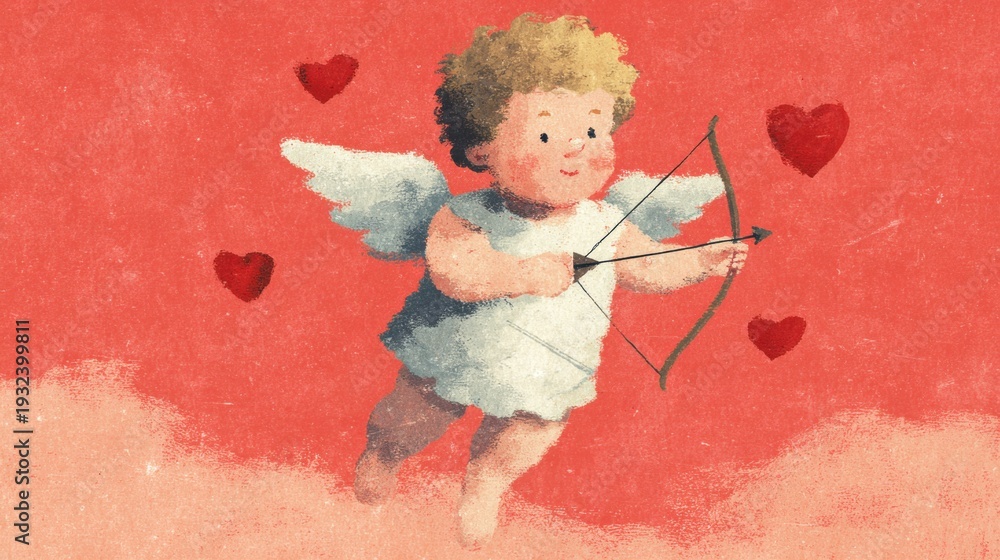 Obraz premium Cute angel with bow and arrow shooting hearts in a colorful background