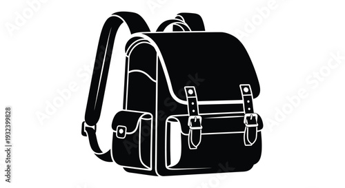 A black and white illustration of a vintage school satchel backpack