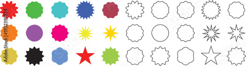 Colorful starburst shapes on transparent grid background